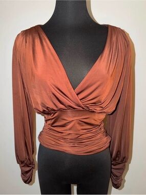 Express Small Balloon Sleeve Going Out Top Brown Ruched Waist Deep V Wrap Blouse